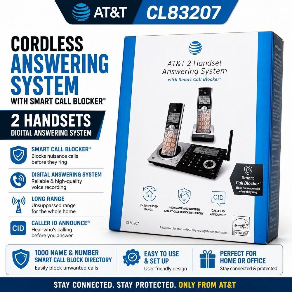 AT&T CL83207 Cordless Phone Answering System Smart Call Blocker 2 Handsets New